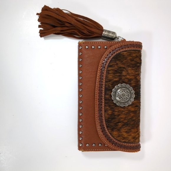 Nocona Brown Leather/Cowhide Wallet with Tassel and Studs - Picture 1 of 8
